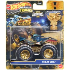 Hot Wheels Monster Trucks: Veľká uhryznutá šampiónska autíčko s trofejou 1/64 – Mattel