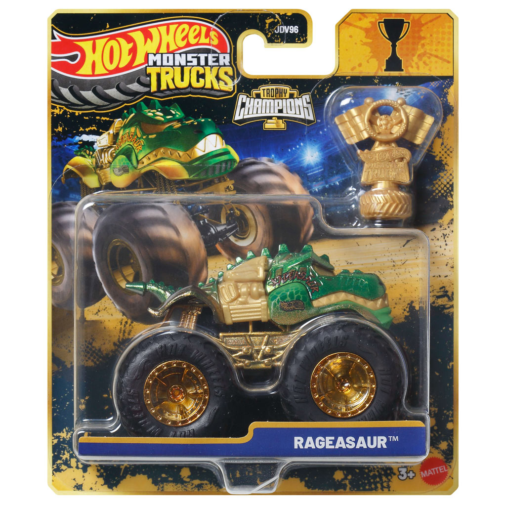 Hot Wheels Monster Trucks:Rageasaur šampión monster autíčko s trofejou 1/64 - Mattel