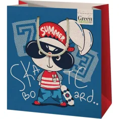 Zelená tráva s motívom skateboardujúceho zajaca stredná veľkosť darčeková taška 18x10x23cm