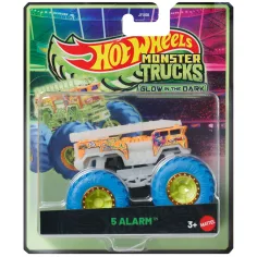 Hot Wheels Monster Trucks: 5 Alarm s modrými kolesami, svietiace v tme, autíčko 1/64 – Mattel