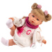 Llorens: Júlia, 42 cm vysoká plačúca bábika s cumlíkom v sukni s mašľou.