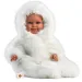 Llorens: Luka 45 cm vysoká usmievavá bábika s cumlíkom v bielom zamatovom kabáte.