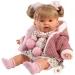 Llorens: Plačúca bábika Alexandra s cumlíkom, 42 cm, v ružovom pletenom kabátiku a kvetinovej sukni.
