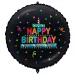 Narodeninový fóliový balón – s nápisom „Happy Birthday“, s tortou a konfetami, na čiernom pozadí, 46 cm