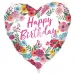 Narodeninový fóliový balón – s nápisom „Happy Birthday“, v tvare srdca, s kvetinovým vzorom, 46 cm