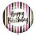 Narodeninový fóliový balón – s nápisom „Happy Birthday“, zlatá-čierna-ružová pruhovaná dizajn 46 cm